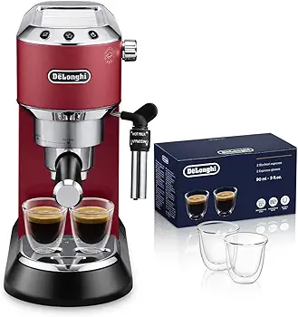 De'longhi Dedica - Cafetera de Bomba de Acero Inoxidable para Café Molido o Monodosis, Cafetera para Espresso y Cappuccino, EC685.R, Rojo + Juego de 2 vasos premium para espresso