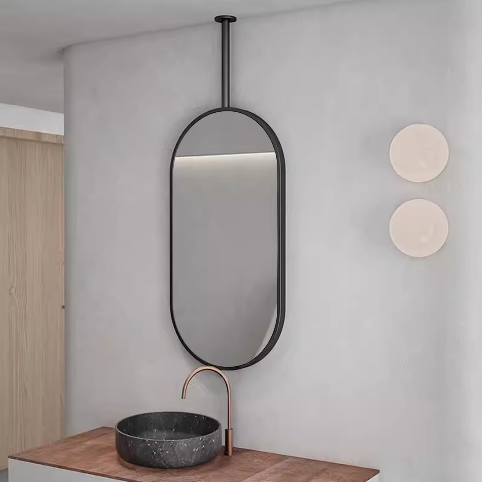 FGXHHS Black Oval Ceiling Mounted Mirror, Modern Floating Vanity Mirror Hanging Rodfor Bathroom Washroom Shaving Makeup Entrance Hallway Wall Decor - Boom can be customizable (Size : 4