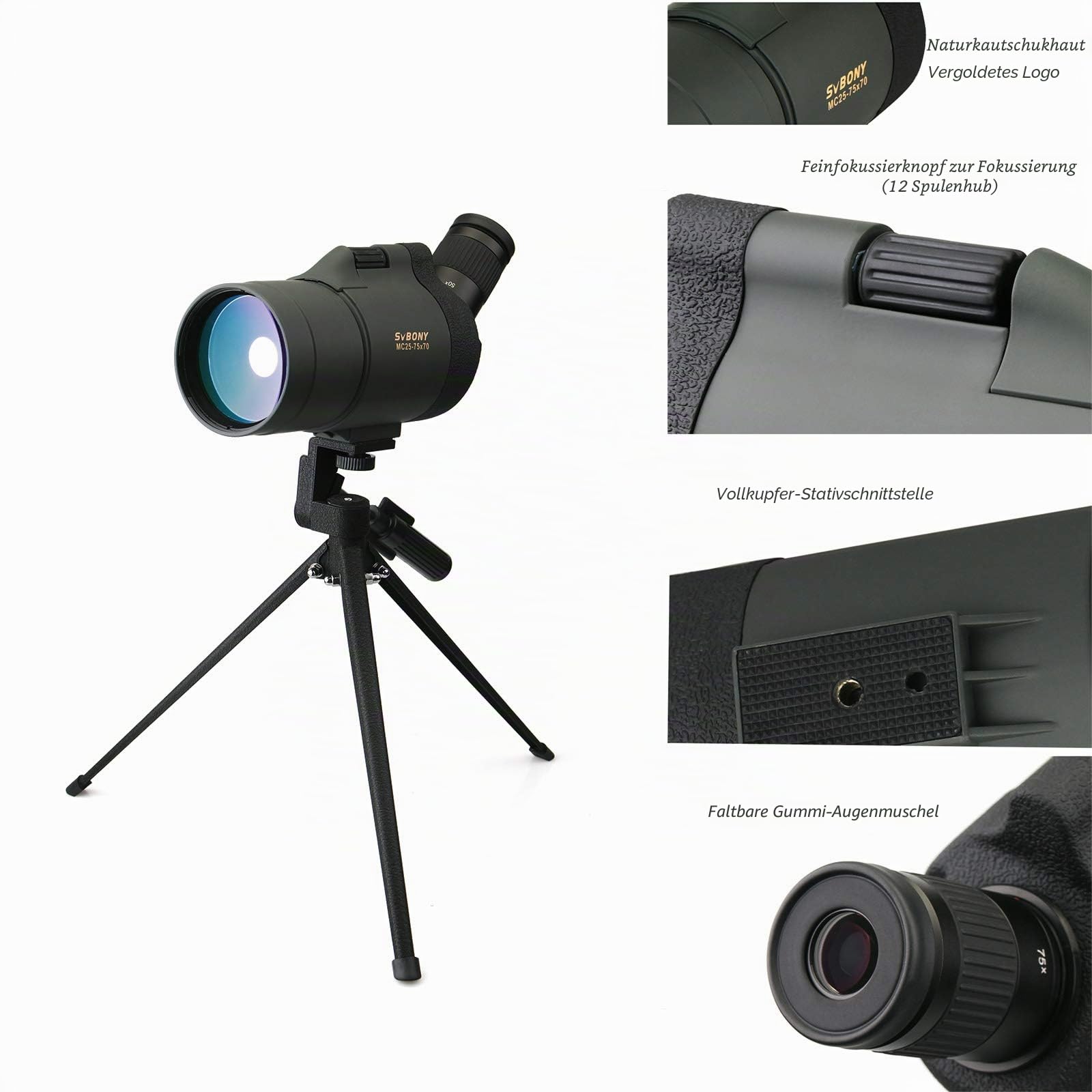Svbony SV41 Spektiv, 25-75x70 Mak Telescope Monokular, BAK4 Prism FMC Optics Wasserdicht Spektiv mit Stativ für Vogelbeobachtung Sportschützen Wildlife Scenery Mond