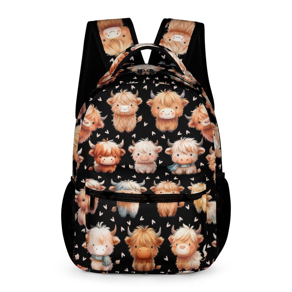 CaomeiWu Highland Cow School Backpack for Kids Girls Boys, 16 Inch Cute Cows Themed Bookbag, Personality Backpacks for Students Children, sustainable,