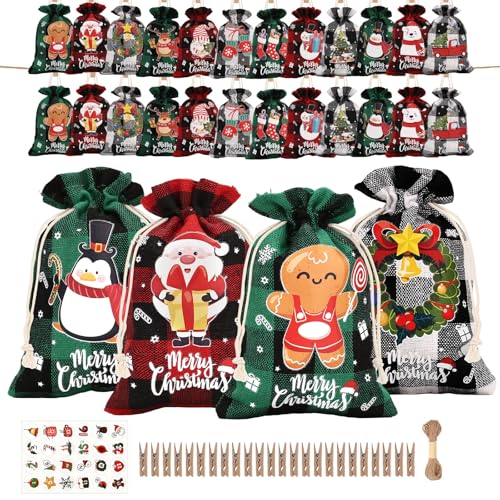 24 Stück Adventskalender zum Befüllen - Stoffbeutel Adventskalender...