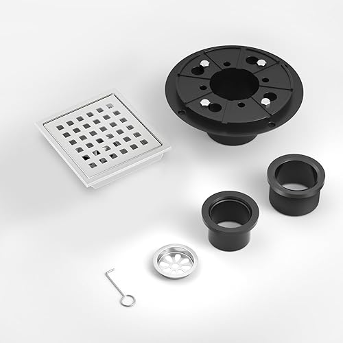 Miniatura 6 de Drenaje de ducha cuadrado de 6 pulgadas cromado, drenaje de piso de baño, kit de drenaje de acero inoxidable con brida, cubierta de rejilla