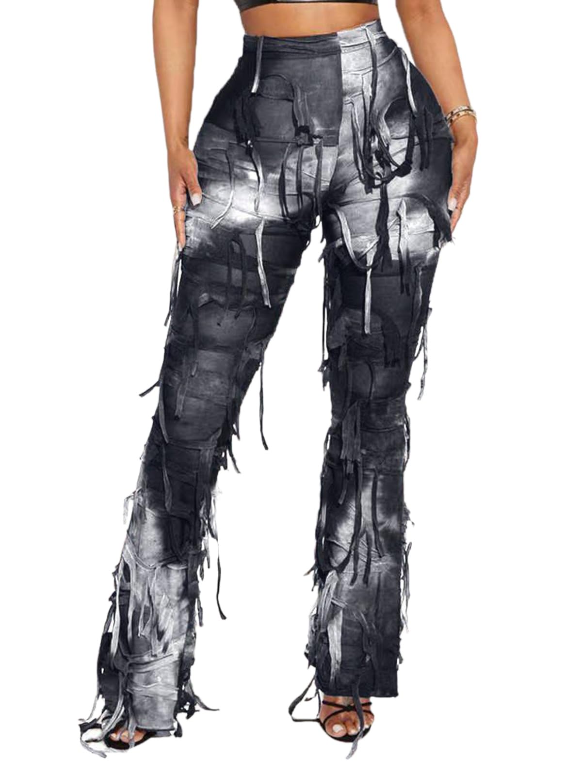 KANSOON High Waisted Pants for Women Bodycon Tie Dye Print Flare Leg Pants Tassel Sweatpants Black M