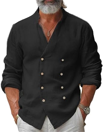 Double Breasted Cotton Linen Shirt for Men Stand Collar Long Sleeve Casual Solid Color T-Shirts Tops