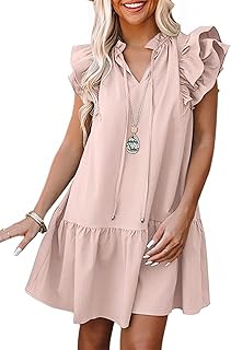 Womens Summer Dresses 2025 V-Neck Drawstring Ruffle Cap Short Sleeve Side Pockets Mini Dress Sundress - Buy now