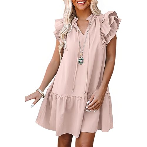 Dokotoo Womens 2024 Summer V-Neck Drawstring Ruffle Cap Short Sleeve Side Pockets Mini Dress Sundress