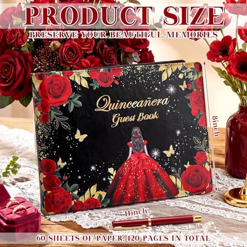 Image of MotiMind Quinceanera Guest Book with Pen 11 x 8 Inch Libro De Firmas Para 15 Anos Quinceanera Leather Hardcover Signature Guest Sign in Book for 15th Party Favors Decoration (Red,Bright)