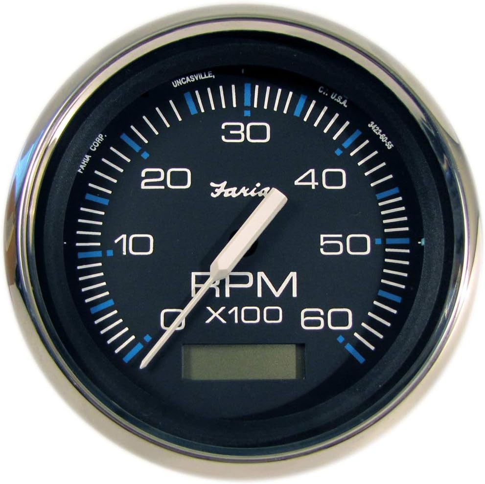Faria 33732 Chesapeake Stainless Steel Tachometer with Hourmeter (6000 RPM) - 4", Black