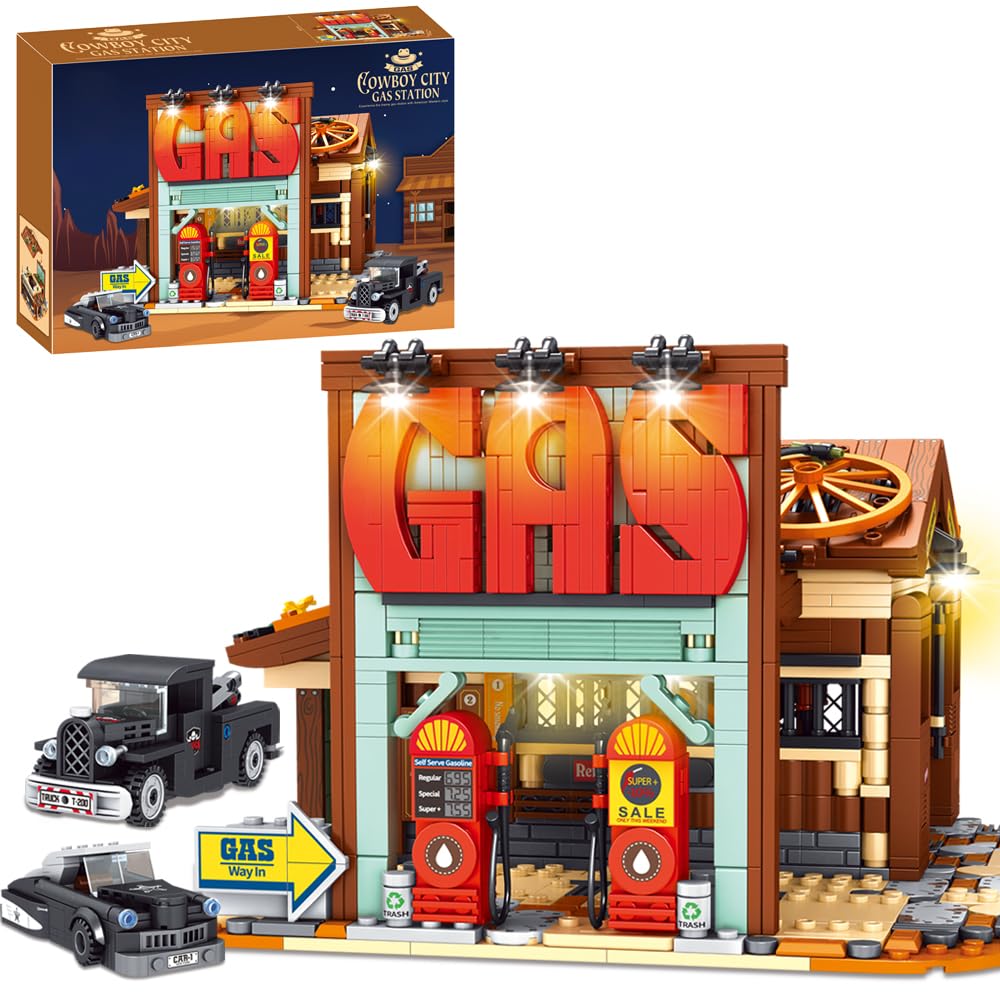 DUANT 39118 Cowboy City Gas Station Building Blocks with LED Lights, 1754 PCS Wild West Vintage Fuel Station Architecture Kit for Adults, Western Street Scene Model