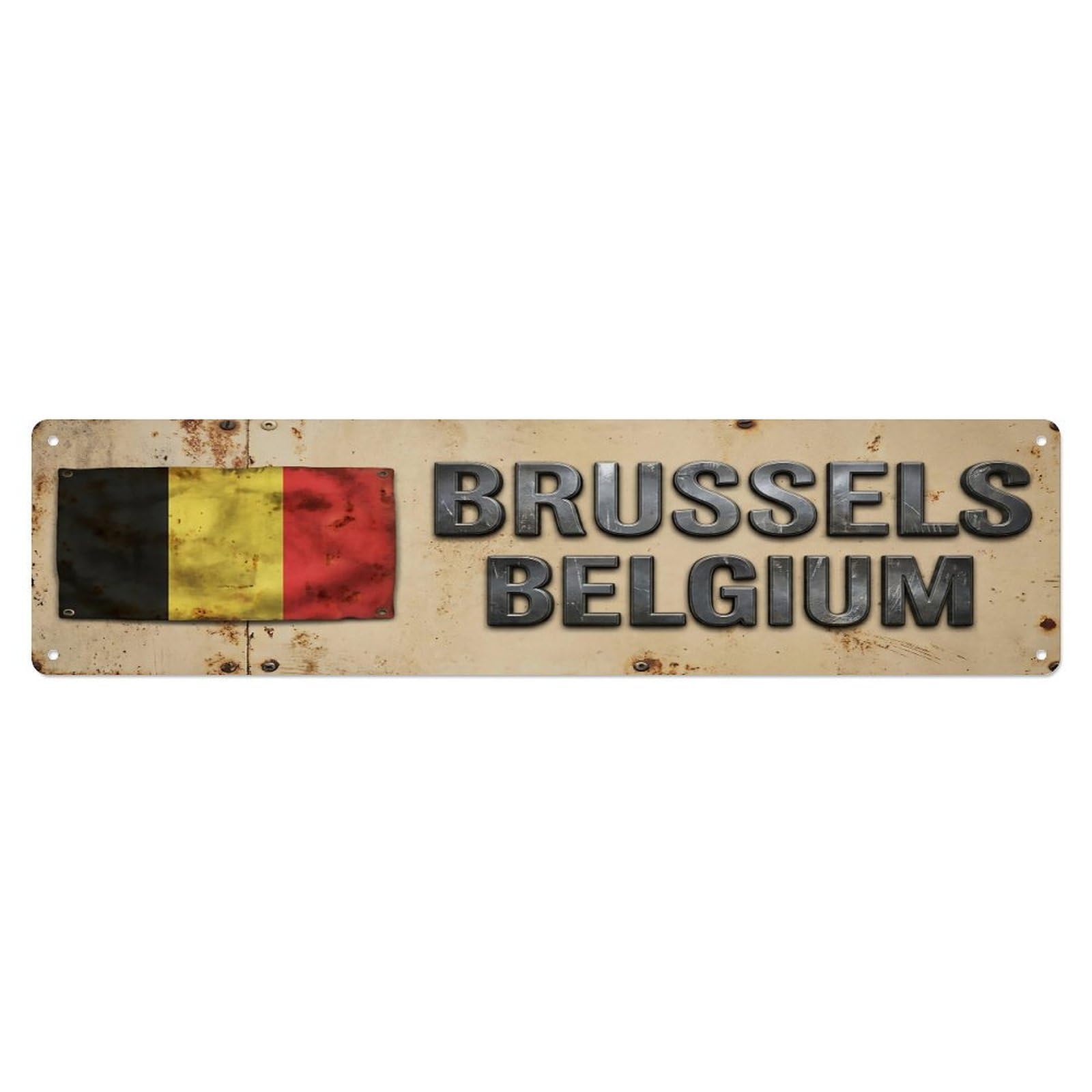 Vintage Brussels Belgium Flag Decor Rustic Travel Metal Tin Sign