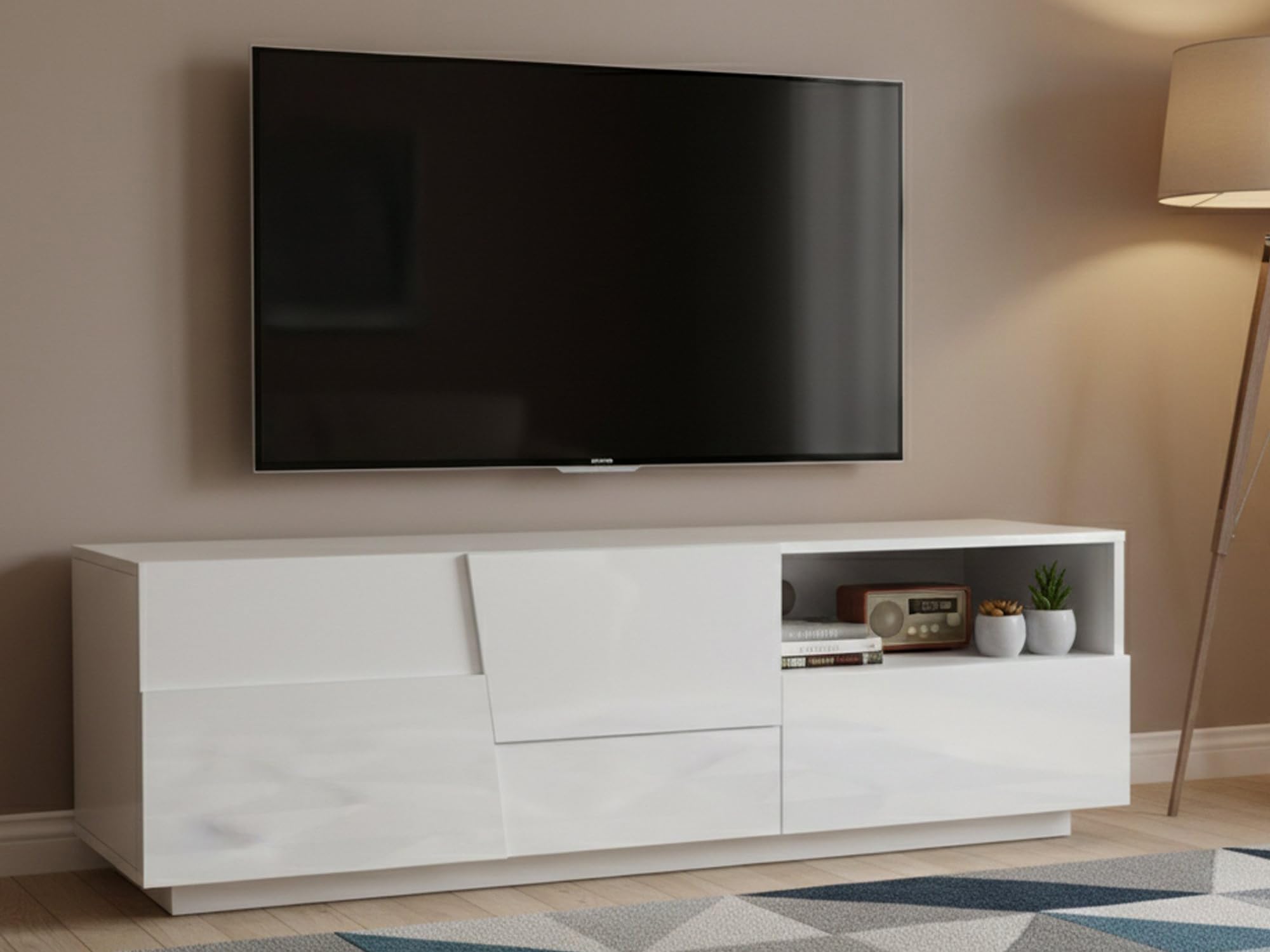 Dmora - Mobile porta TV Velio, Credenza bassa da soggiorno con 2 ante e 1 cassetto, Base porta TV, 150x44h46 cm, Bianco lucido