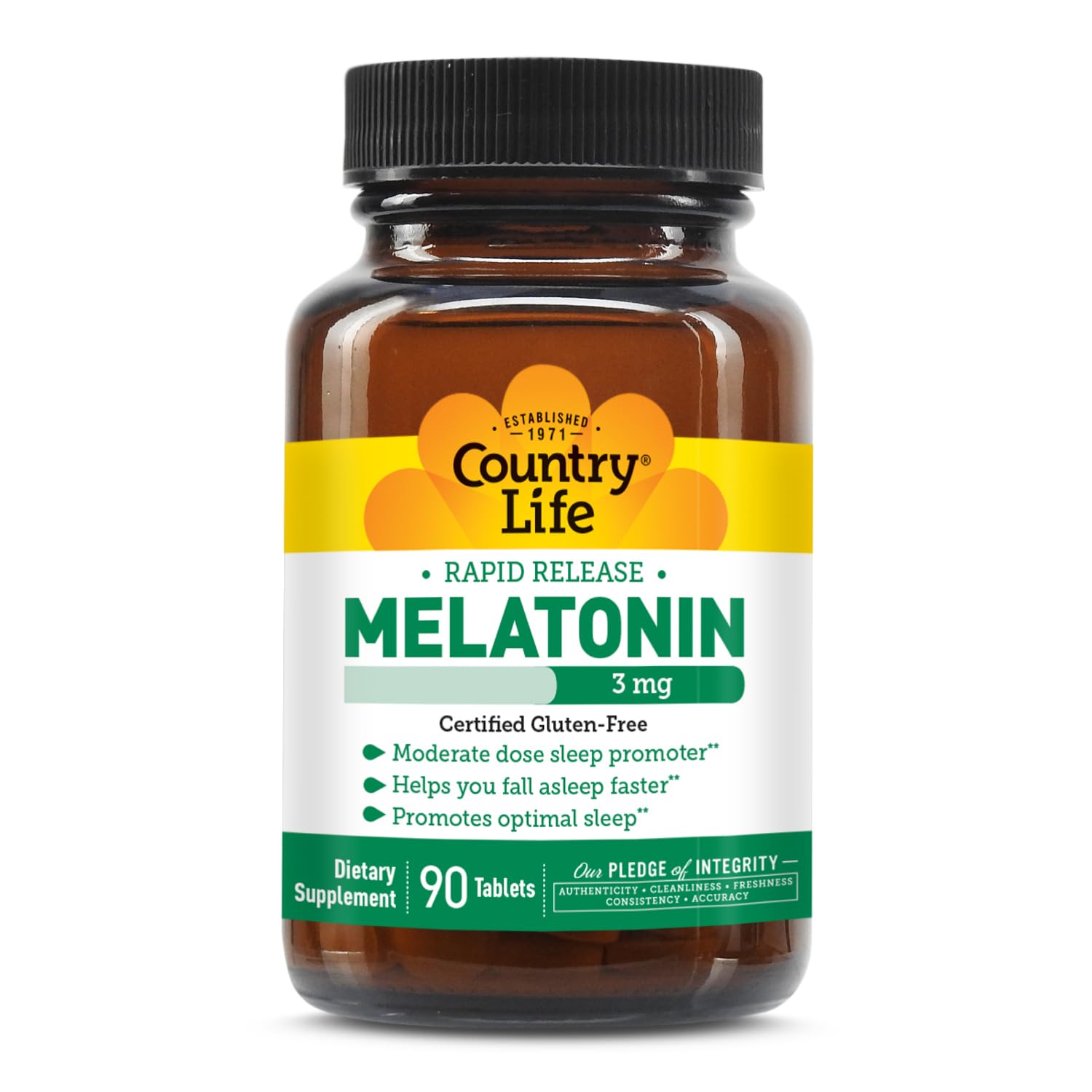 Country Life Melatonin Sleep Aid 3mg - Non-GMO, Gluten-Free, Vegan - Rapid-Release, Fast Dissolve Tablets for Optimal Sleep - No Yeast, Corn, Wheat, Soy - Pure,