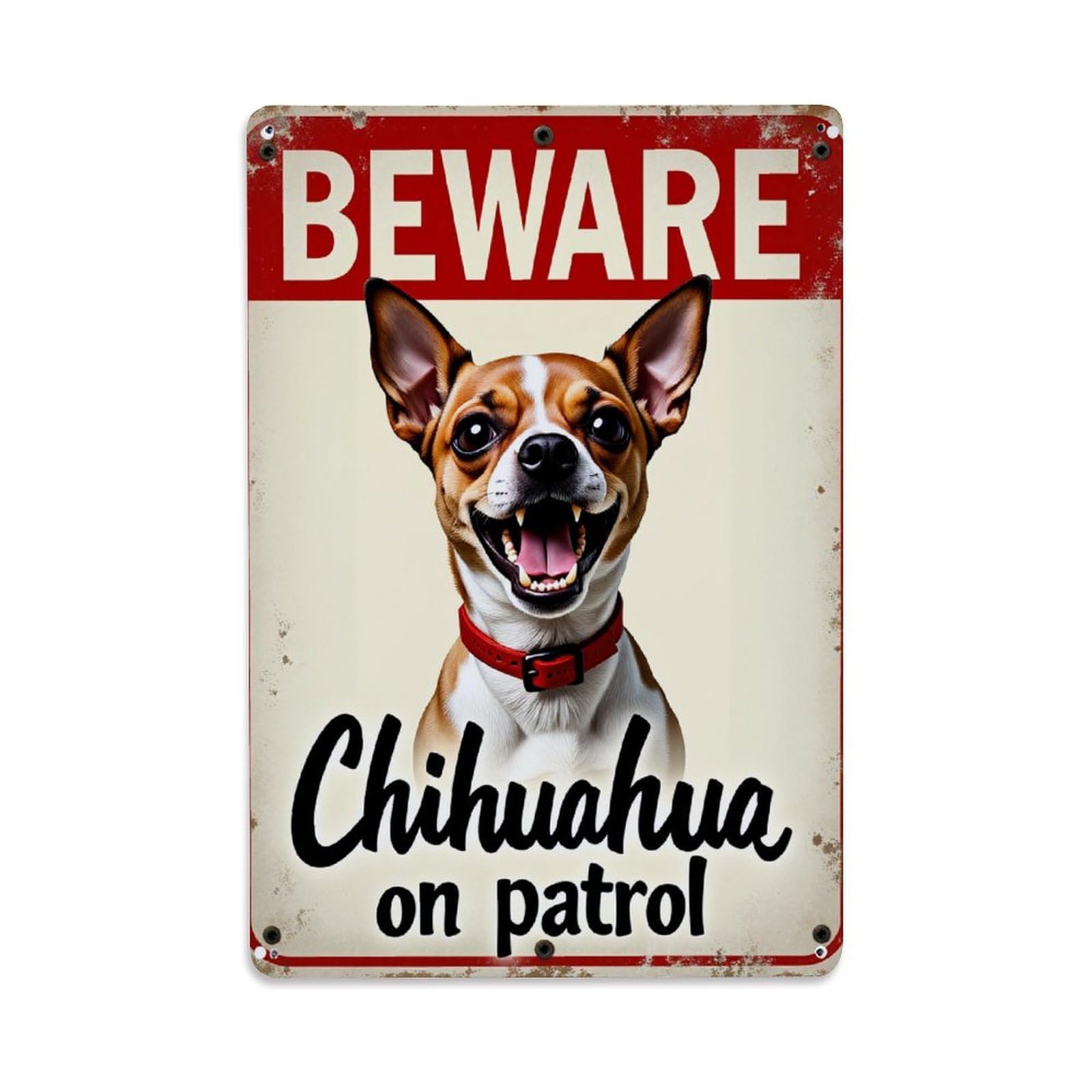 Enderetf Vintage Beware Chihuahua On Patrol Sign- Tin Sign Metal Poster, Home Bar Garage Man Cave Cafe Indoor & Outdoor Wall Decoration 8X12inches