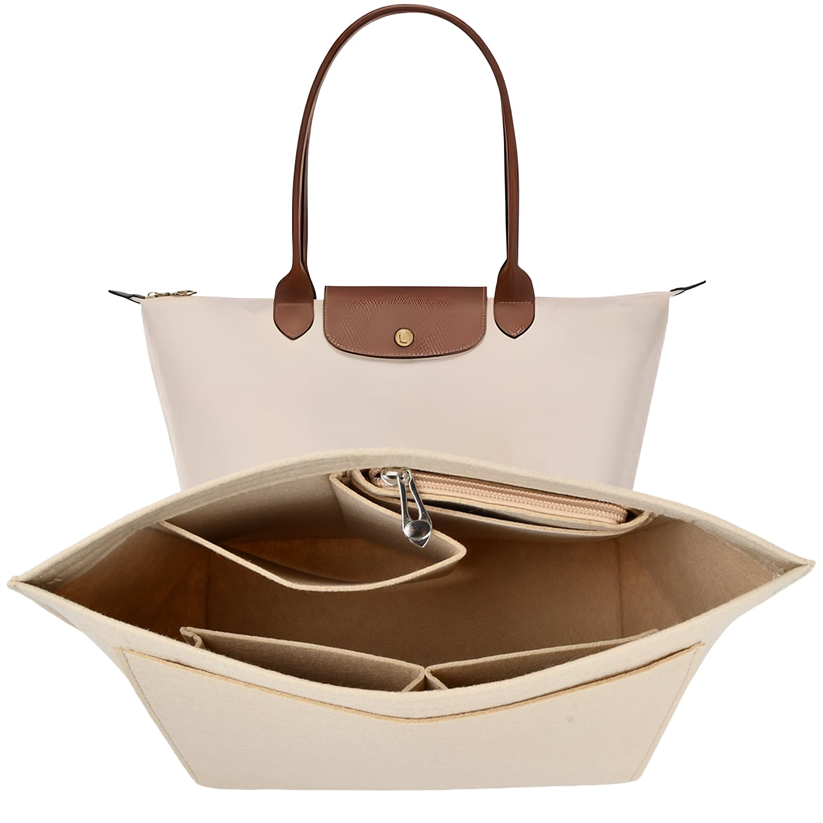 Shengxi Bag Insert Organizer Compatible with Longchamp Long And Short Handles Multi-Pocket Felt Organizer Folding Organiser Insert for Tote Bag Handbag (Beige, M)