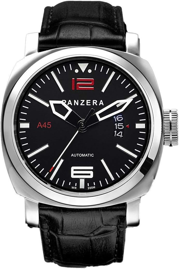 "Aquamarine 45 - Atlantic Spirit" Automatic Stainless Steel 316L IP Diver Black Day-Date Leather Men's Watch