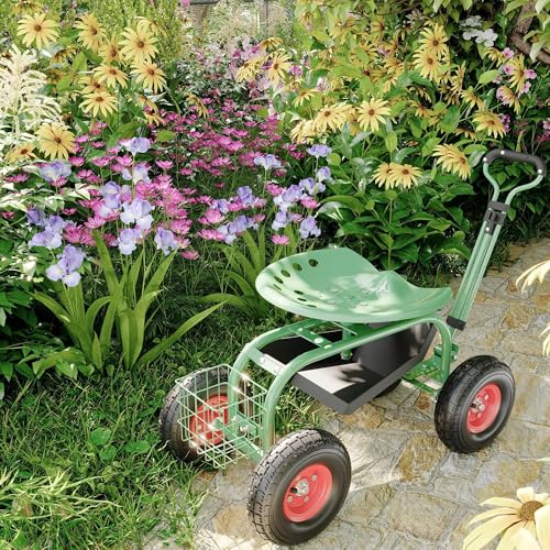 Garden Scooter Rolling Work Seat – 360° Swivel Garden Cart with Wheels, Tool Tray & Steering Handle – Heavy Duty Outdoor Stool for Planting, Weeding & Yard Work - Image 3
