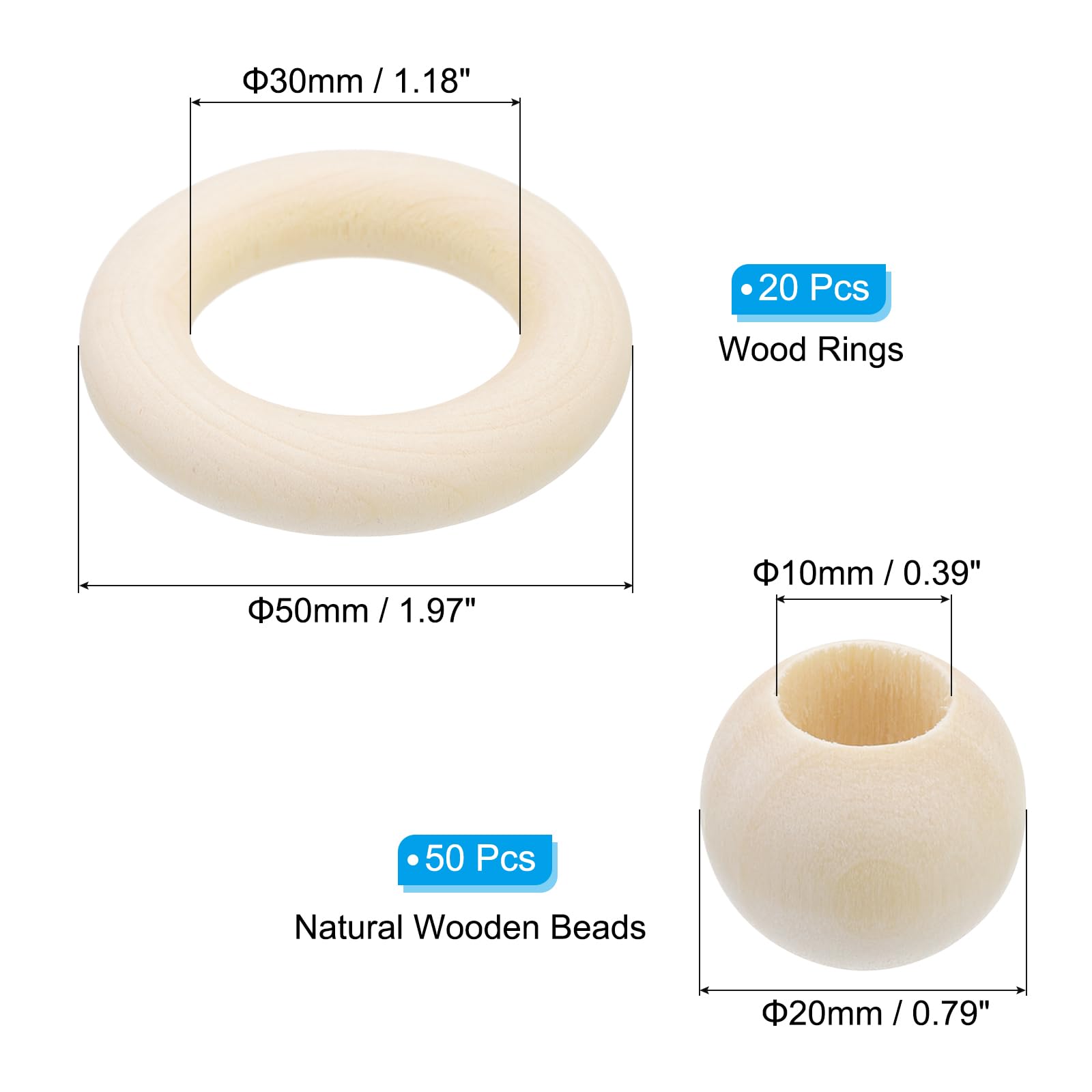 PATIKIL Natural Wood Rings and Unfinished Wooden Beads Set - Image 2