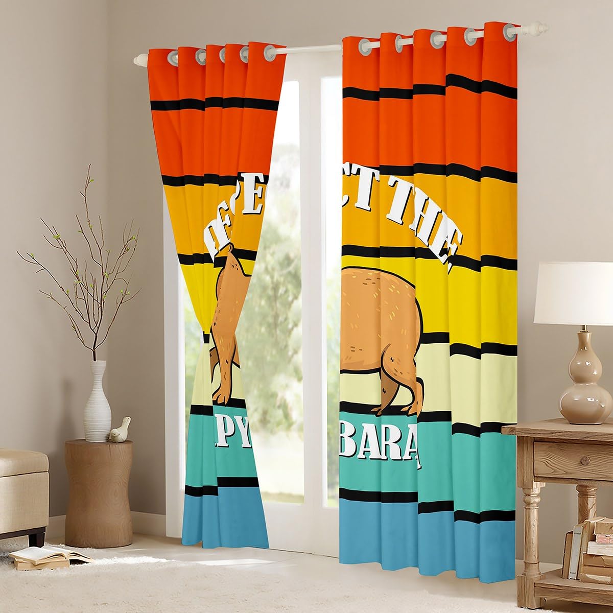 Kawaii Capybara Vorhänge 140Bx260L 2 Panels Cartoon Capybara Vorhänge Lustige Braune Nagetier Tier für Kinder Jugend Schlafzimmer Dekor Geometrische Streifen Verdunkelung Vorhänge, Regenbogenfarbe