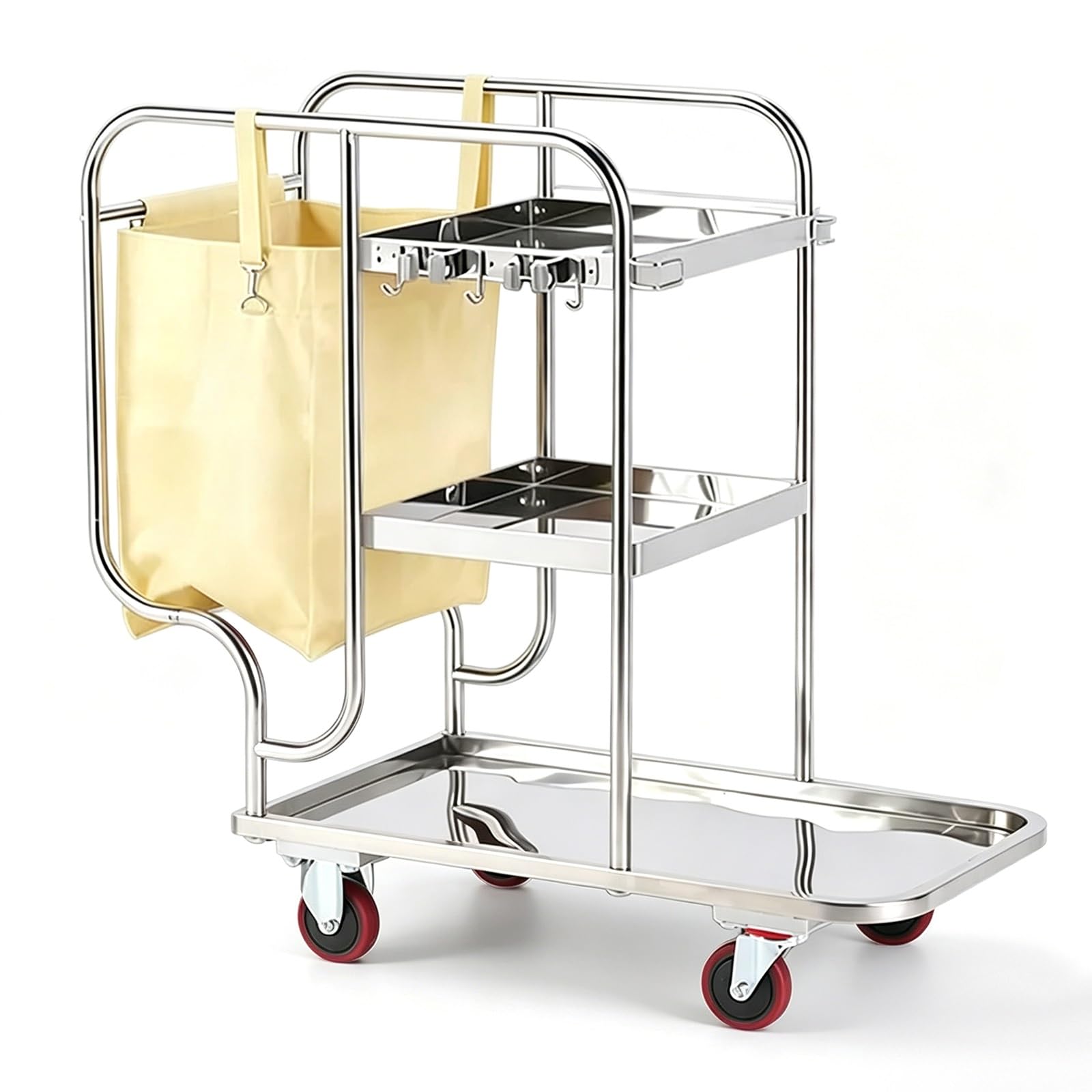 3-Stöckiger Wäschekorb mit Rollen Wäschesortierer aus Edelstahl Multifunktionaler Wäschewagen für Hotel Schule Gemeinde Restaurant Einkaufszentrum Wäschesammler(Beige)