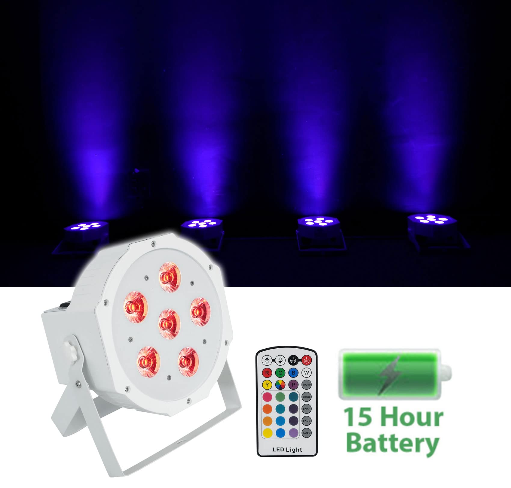 Rockville Battery PAR 6RF White Rechargeable RGBWA+UV Light with Wireless DMX, Includes RF Remote, Up to 15 Hours Battery Life, 6x6W LEDs, Perfect for DJs, Events & Parties