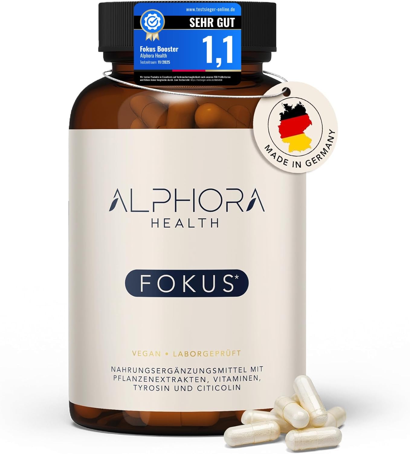 Fokus-Booster 90 Kapseln – L-Theanin, L-Tyrosin, Ginseng, Guarana & B-Vitamine – Konzentration, Energie & Fokus - 100% pflanzlich - hochdosiert - made in Germany