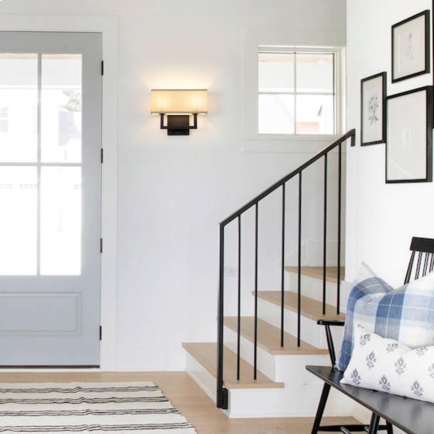 Yosoan Set of 2 Linen Fabric Boho Wall Sconce Bedside Light with On Off Switch, 2-Light Finished Hardwired Vintage Industrial Dual Wall Mount Lamp Square Shade for Bedroom Living Room Stairwell(Black)