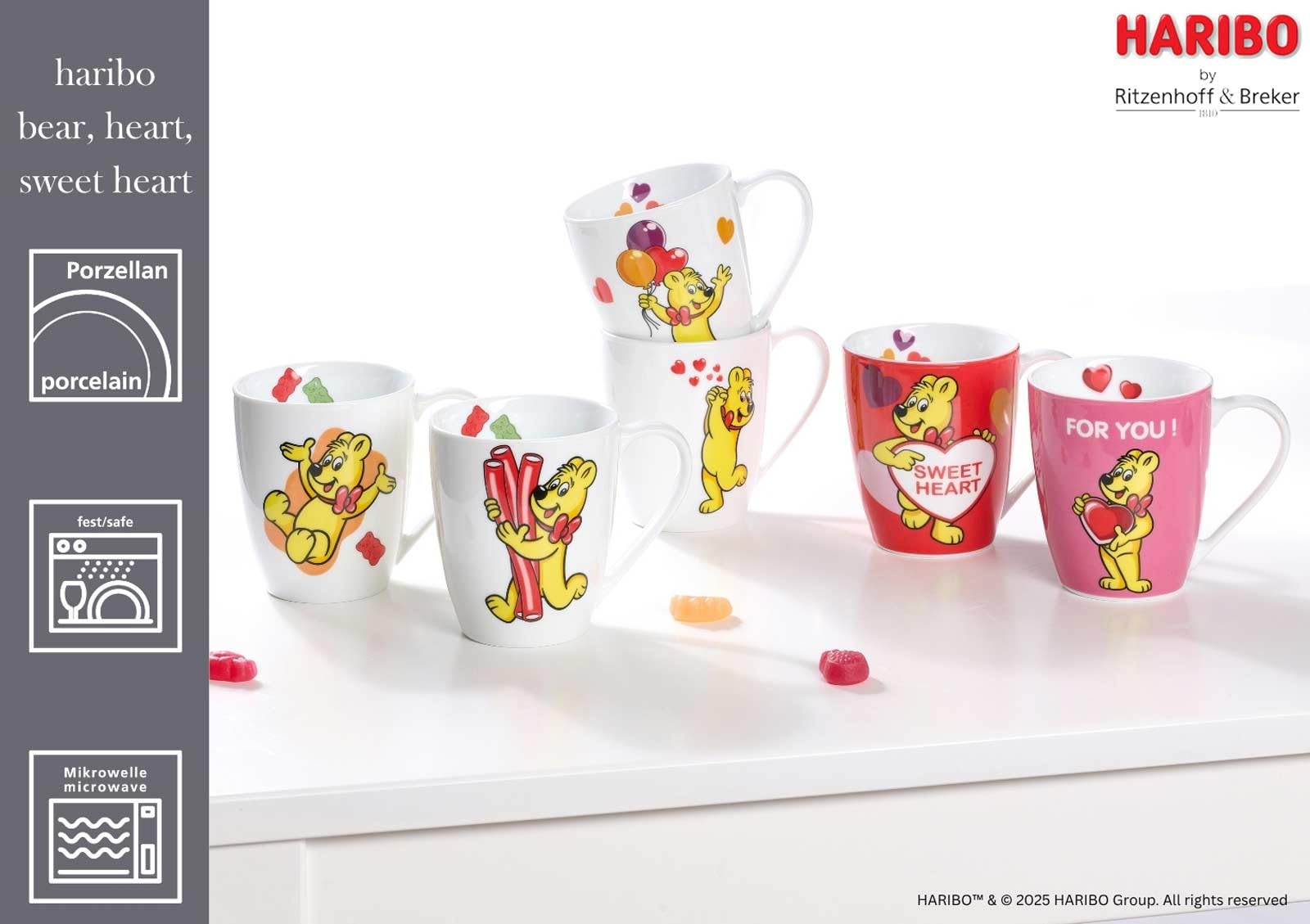 Ritzenhoff & Breker HARIBO Sweet Heart Becher 360 ml – 6er Set | Porzellan Tassen mit Goldbär Herz-Motiv | Spülmaschinenfest & Mikrowellengeeignet | Geschenkidee für Haribo-Fans