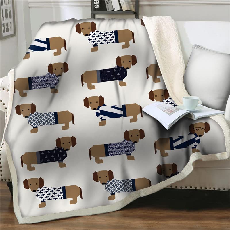 KLJFIGUT Mantas para Sofas Grandes 220x240 Perro Salchicha Blanco Mantas para Cama de Franela Felpa para Adultos, Manta para Cama 135/150 de Invierno, Manta para Cubre Sofá Colchas