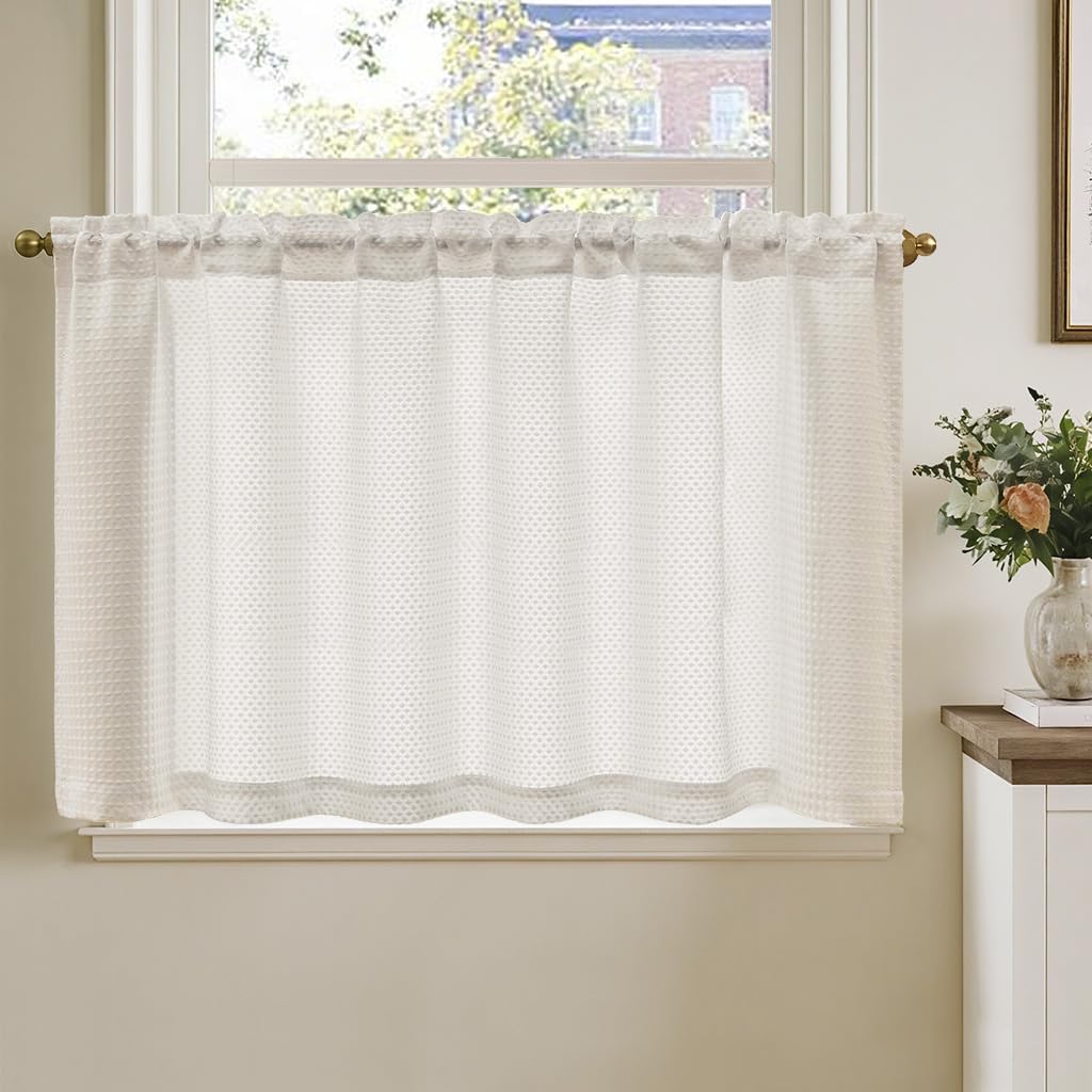 TOPICK Küchenvorhang, Wohnzimmer, mit Waffelmuster, für den Außenbereich, Kurzfenster, Vorhänge, Scheibengardinen, Dekoration, Terrasse, Schlafzimmer, Schrank