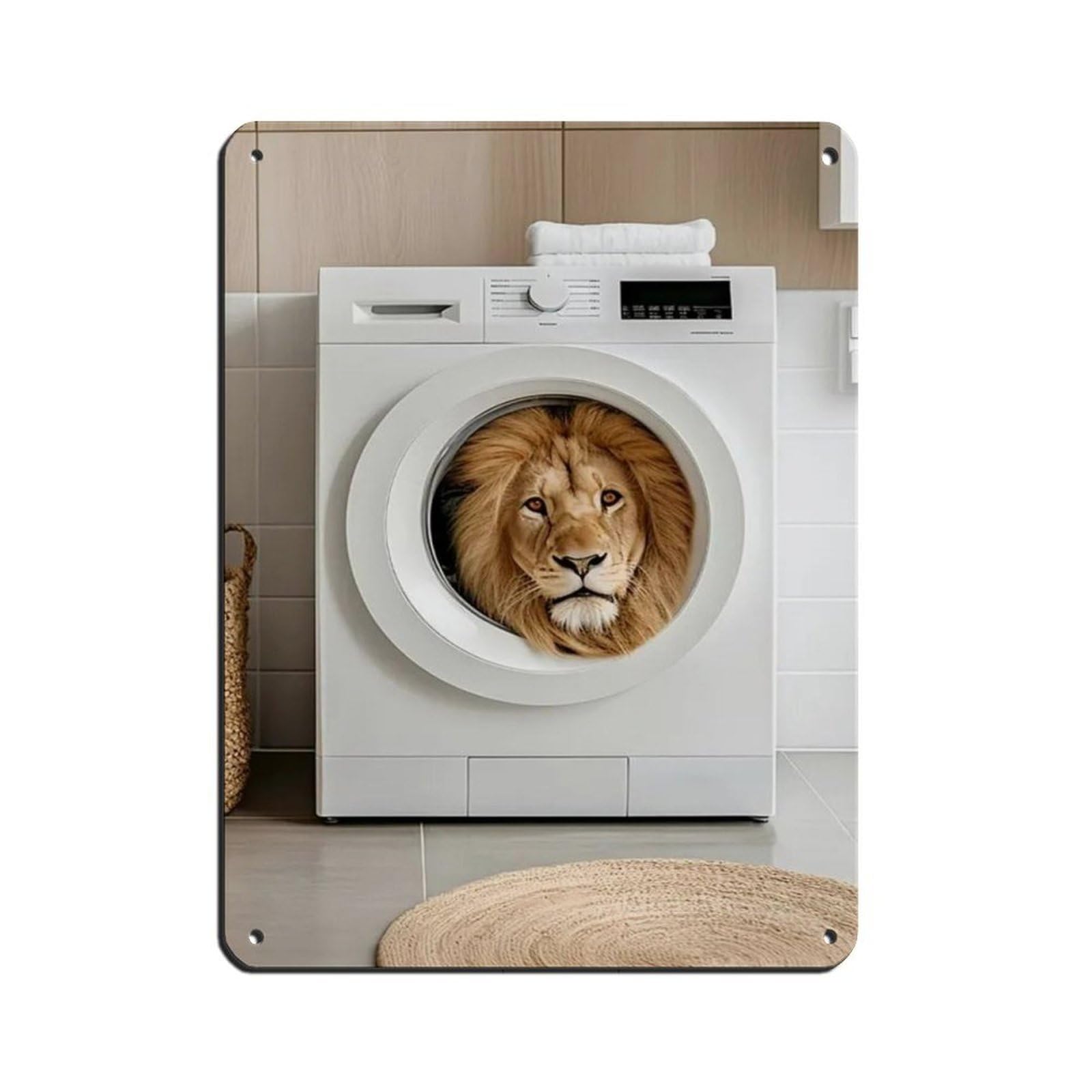 Lion in A Washing Machine, Funny Bathroom Art Retro Poster Metal Tin Sign Chic Art Retro Iron Painting Bar People Cave Cafe Family Garage Poster Wall Decoration 12x16inch(30x40cm)