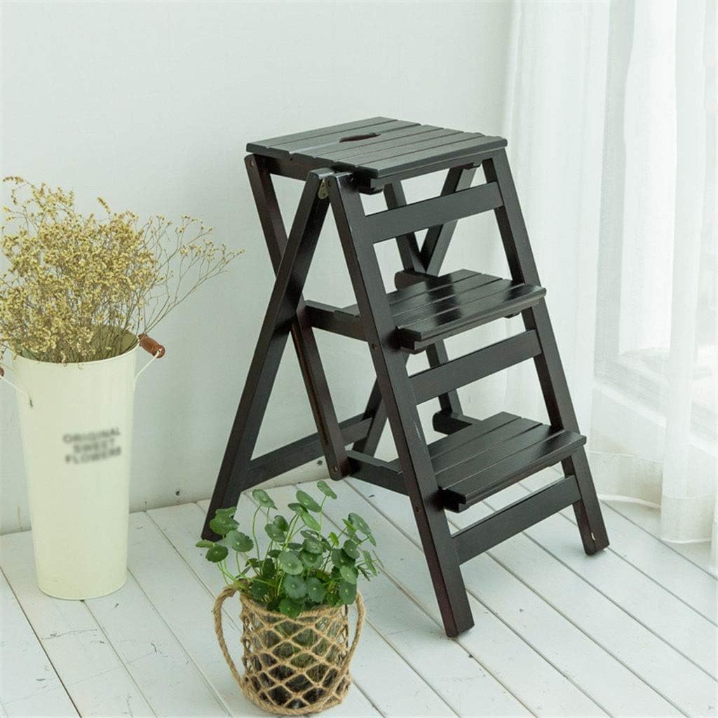 Step Stool Folding Flower Stand, Three-Step Ladder Bedroom Bookshelf Wood Stool Comfortable Footstool Natural Household Ladder/Black/42 X 55 X 66Cm