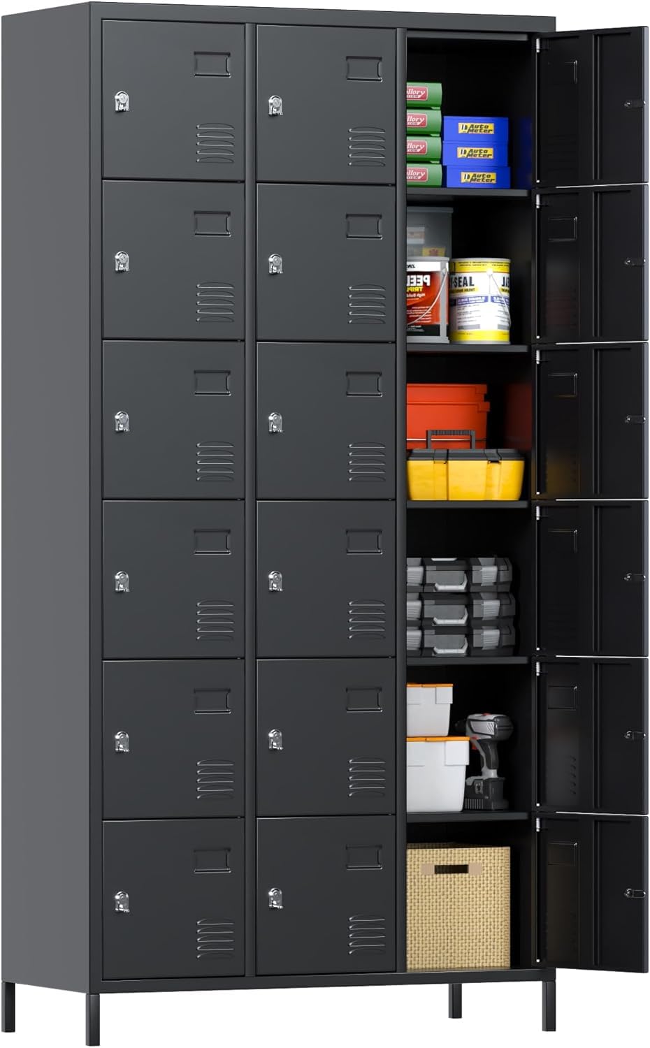 18 Doors Metal Lockers for Employees for Offices School Gyms Home,Assembly Required(Black) | Lock-ready compartments with name card slots, ventilated doors, raised legs, and required assembly for shared facilities.