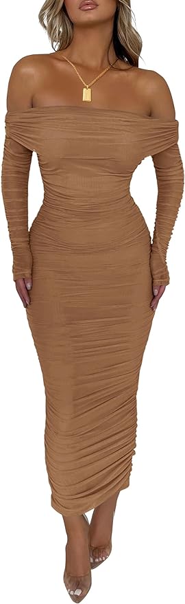 PRETTYGARDEN Women's Fall Off The Shoulder Maxi Dress Spring Long Sleeve Ruched Fitted Bodycon Club Dresses with Slit