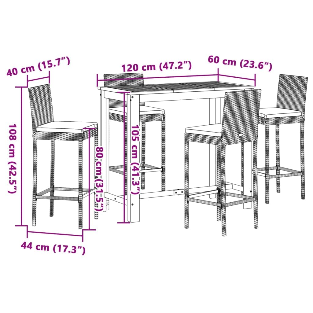 vidaXL Ensemble de Bar de Jardin 5 pcs Gris Bois Massif Acacia rotin
