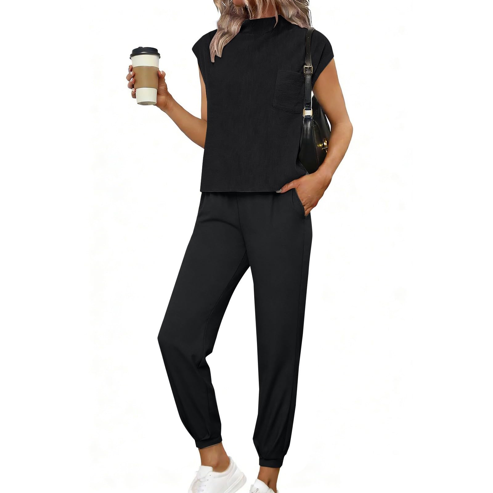 Lounge Set Mujer Manga Corta Traje de Punto Dos Piezas Streetwear Traje