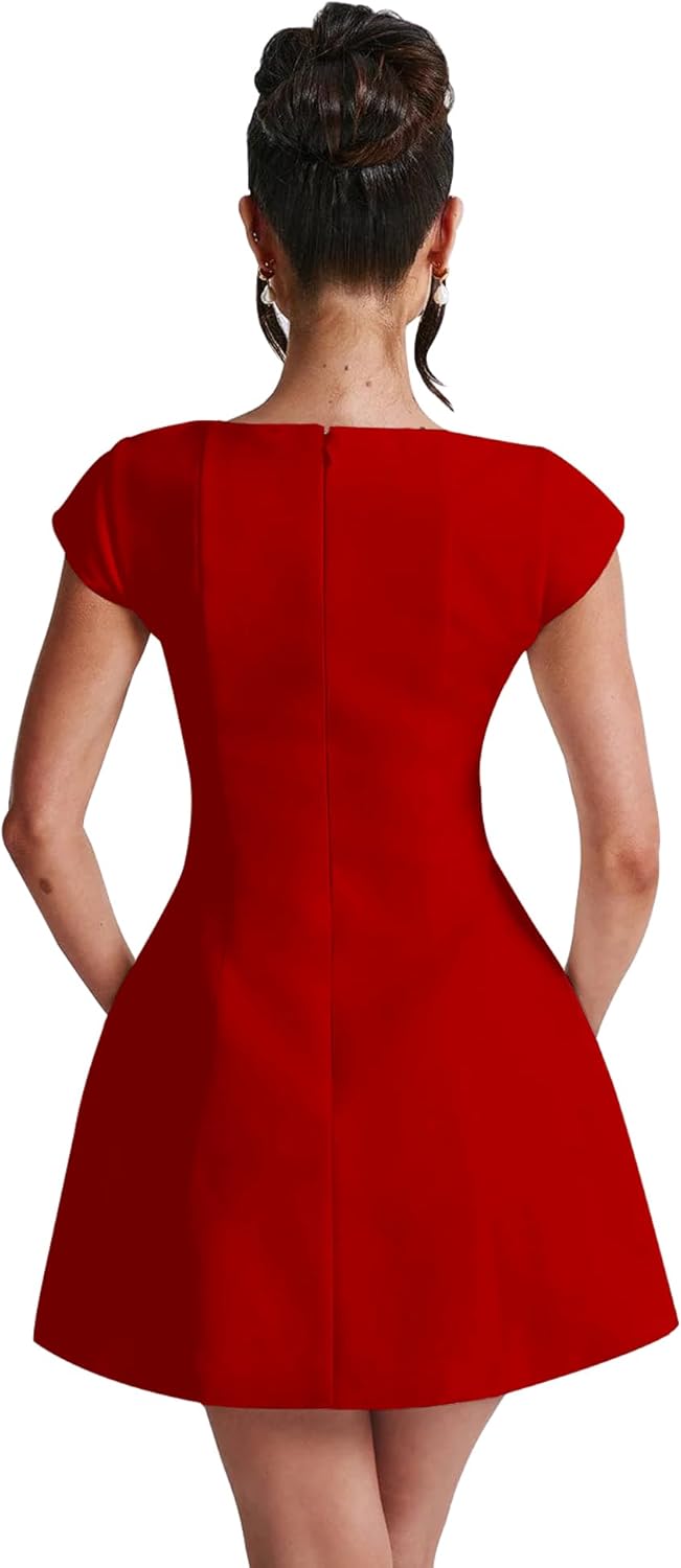 LuFeng Women's Square Neck Cap Sleeve Fully Lined Mini Dress Zipper A Line Party Club Dresses - Image 6