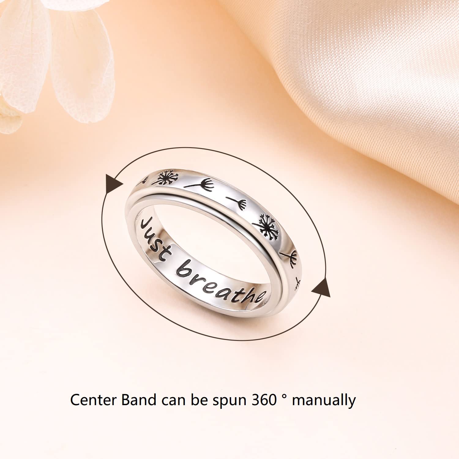 Flyow Just Breathe Spinner Bague en argent sterling 925 avec pissenlit anti-stress, anti-stress, TDAH, autisme
