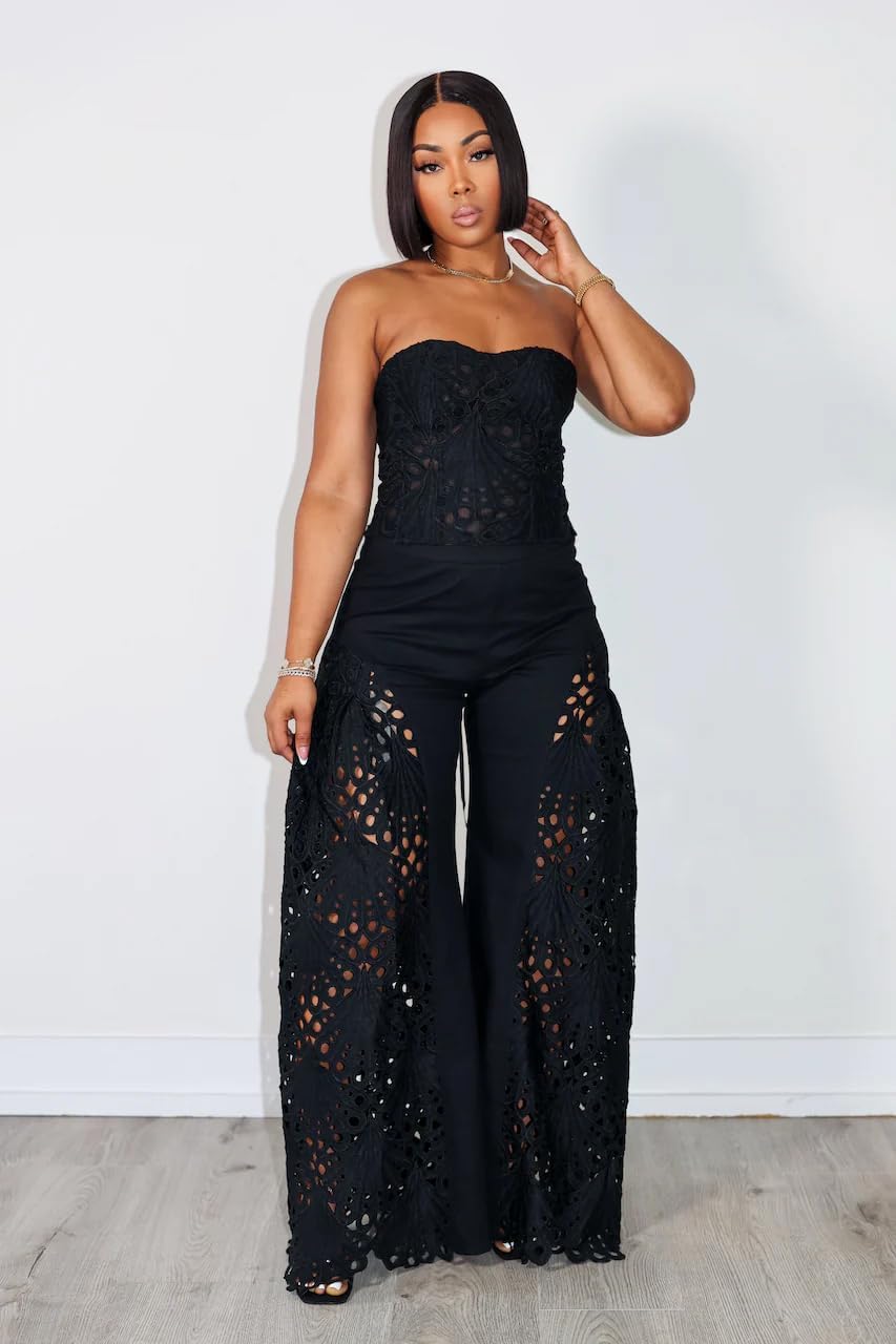 Mandonce 2 Piece Sets for Women Off Shoulder Lace Tube Top and Lace Flowy Wide Leg Pants Beach Vacation Sexy Outfit Going Out - Image 4