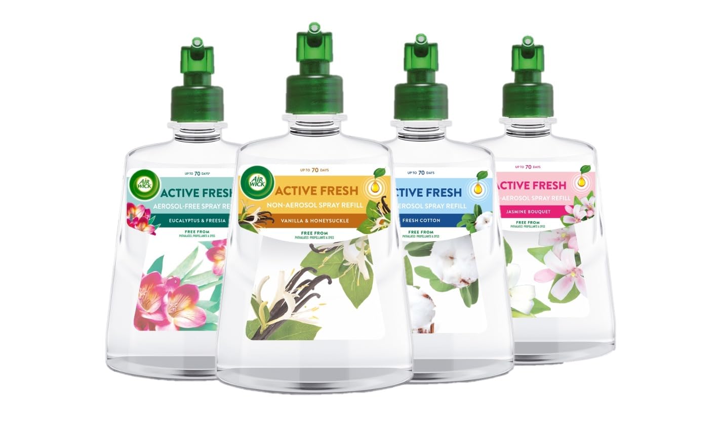 Air Wick Active Fresh Spray | 24/7 Odour Neutraliser | Mixed Bundle | Vanilla & Honeysuckle, Eucalyptus & Freesia, Fresh Cotton, Jasmine Bouquet | One of each | Packaging May Vary