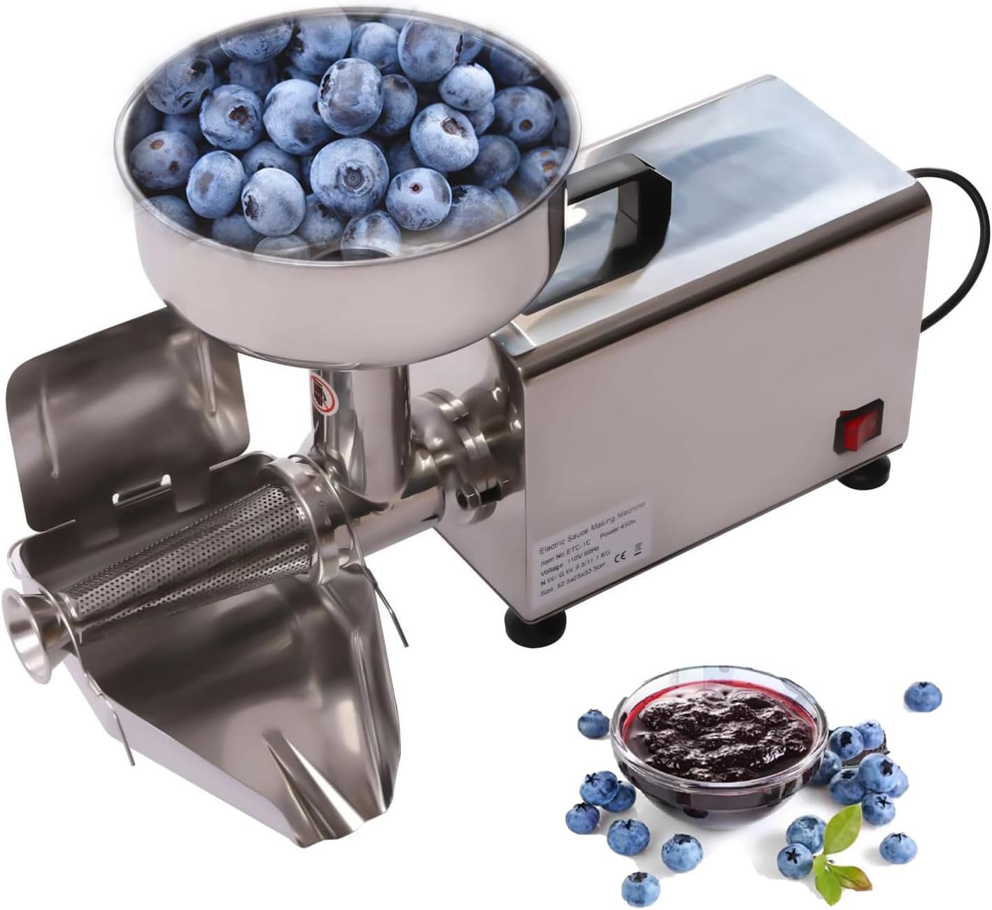 450W Electric Tomato Strainer Machine, Commercial Food Milling Press Machine, Stainless Steel Food Strainer and Sauce Maker for Canning Tomato Purees Sauces