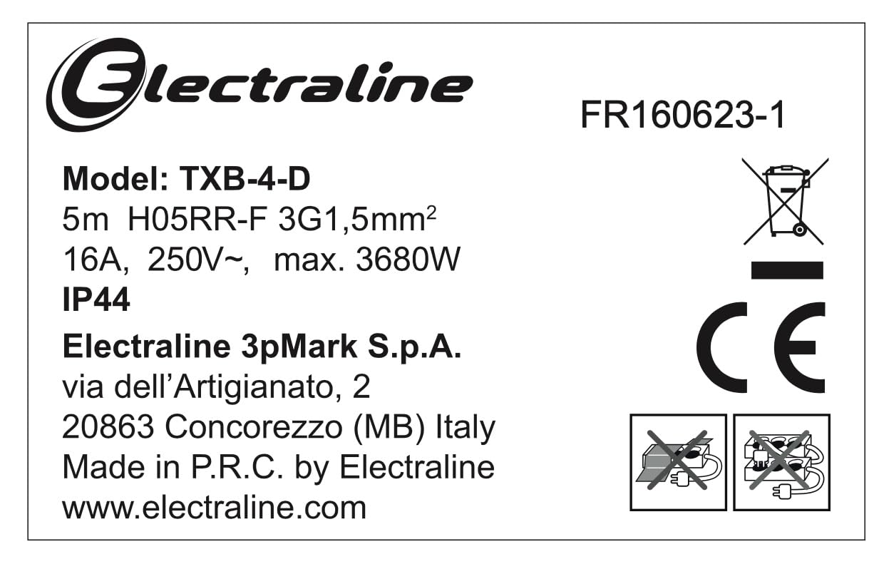 Electraline 300181 Boîte de protection étanche pour l'extérieur IP54 avec bloc multiprise 4 prises IP44 avec capuchons, câble de 5 m H05RR-F 3G1,5, vert, taille XL