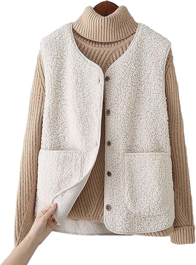 Shengruili Teddy Fleece Weste Damen,Ärmellos Fellweste Damen,V-Ausschnitt Knöpfen Teddyfleece Herbst Winter Warm,Ärmellos Fleecejacke Kurz,Damen Übergangsjacke,Outdoor Winterjacke