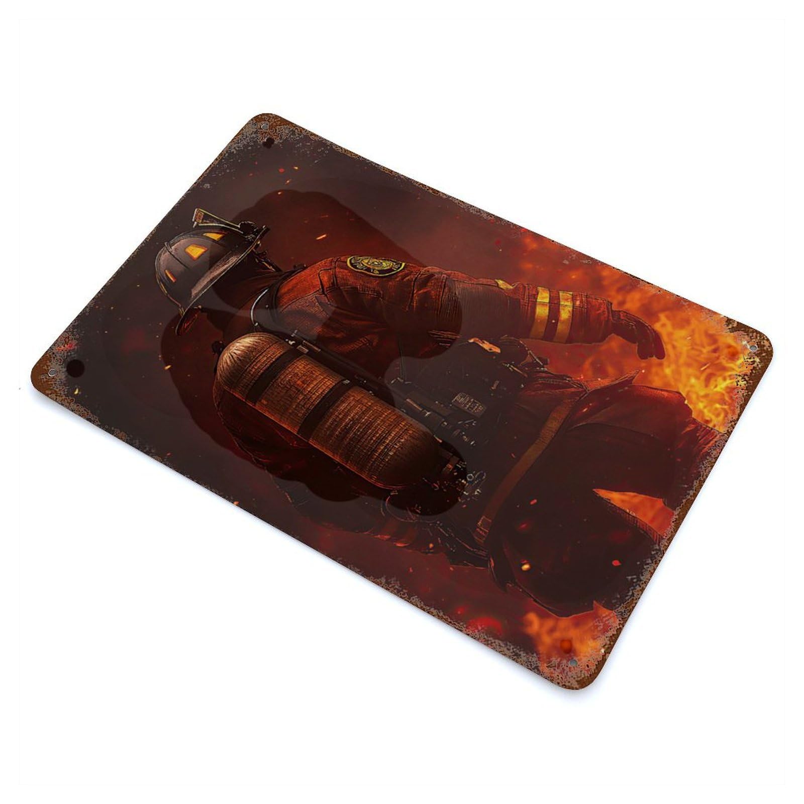 Firefighter in Flames Rusty Metal Tin Sign 11.8"x7.9", for Basement, Hobby Room And Garage Decor, Retro Wall Decor
