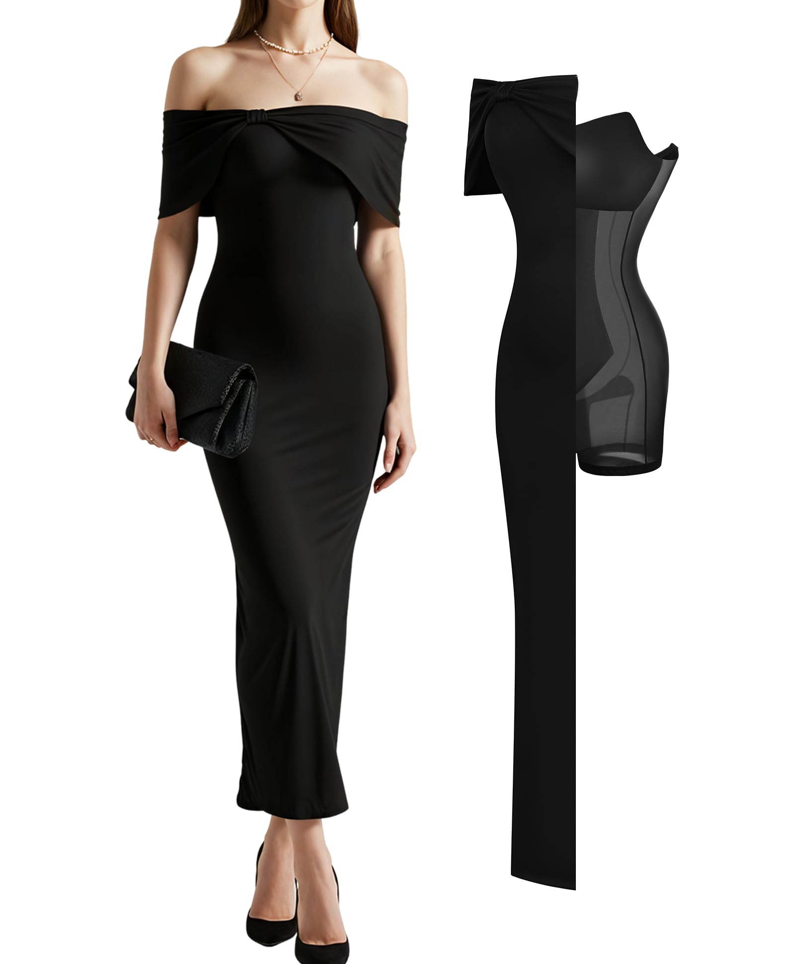 Popilush Off The Shoulder Maxi Dress Wedding Guest Formal Dresses for Women Sleeveless Bodycon Long Shapewear Prom Dress