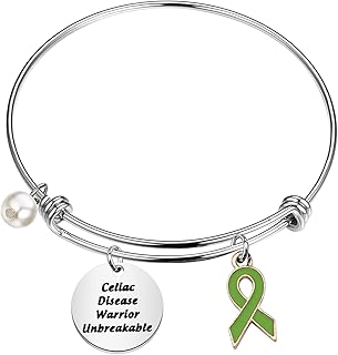 Celiac Disease Awareness Jewelry Celiac Disease Warrior Unbreakable Bracelet with Green Awareness Ribbon Charm Inspirational Cancer Survivor Gift