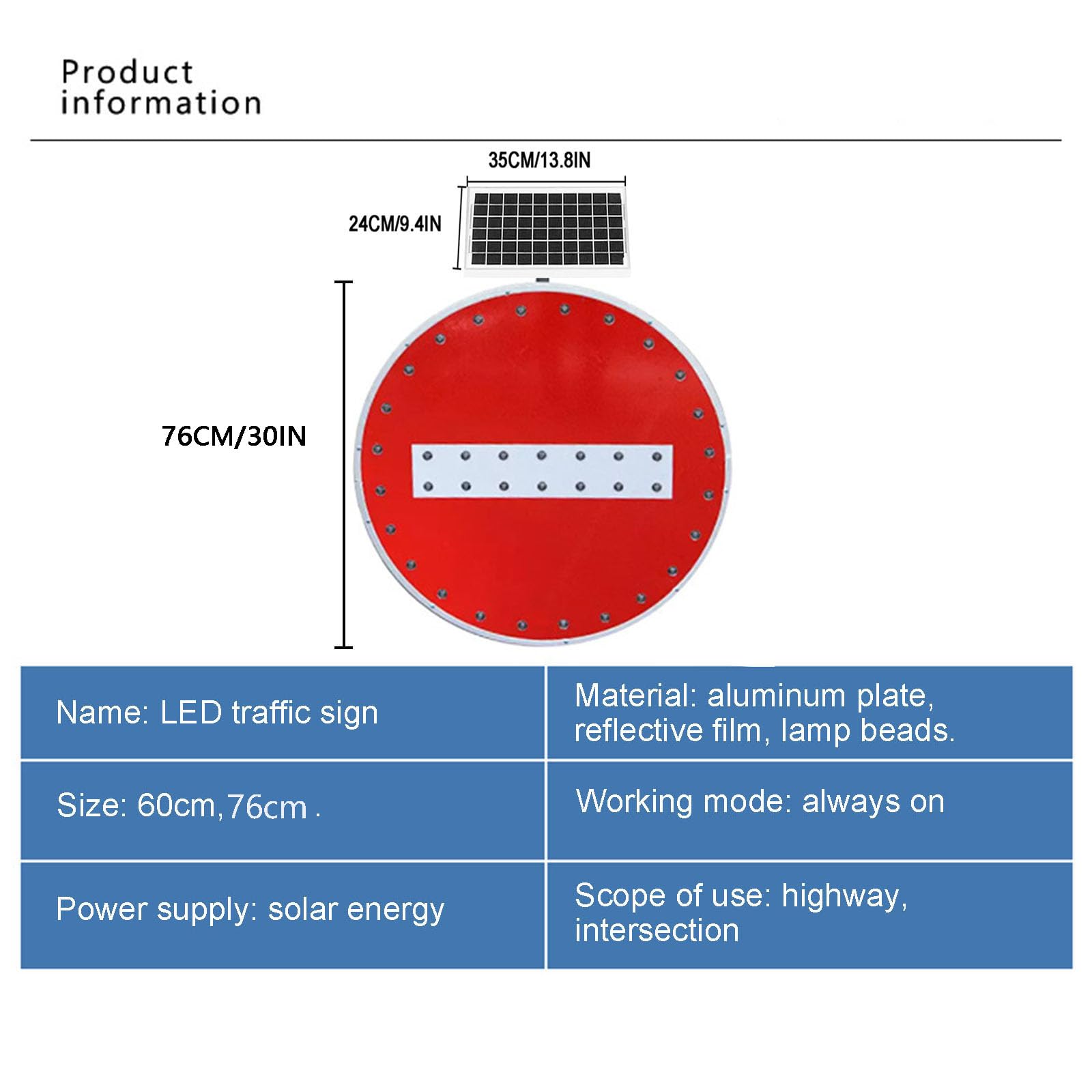 Señal solar de prohibido el paso,señal de advertencia vial, resistente a la intemperie IP65, para prohibir el acceso de vehículos a carreteras de sentido único y zonas restringidas (Rojo, 76cm)