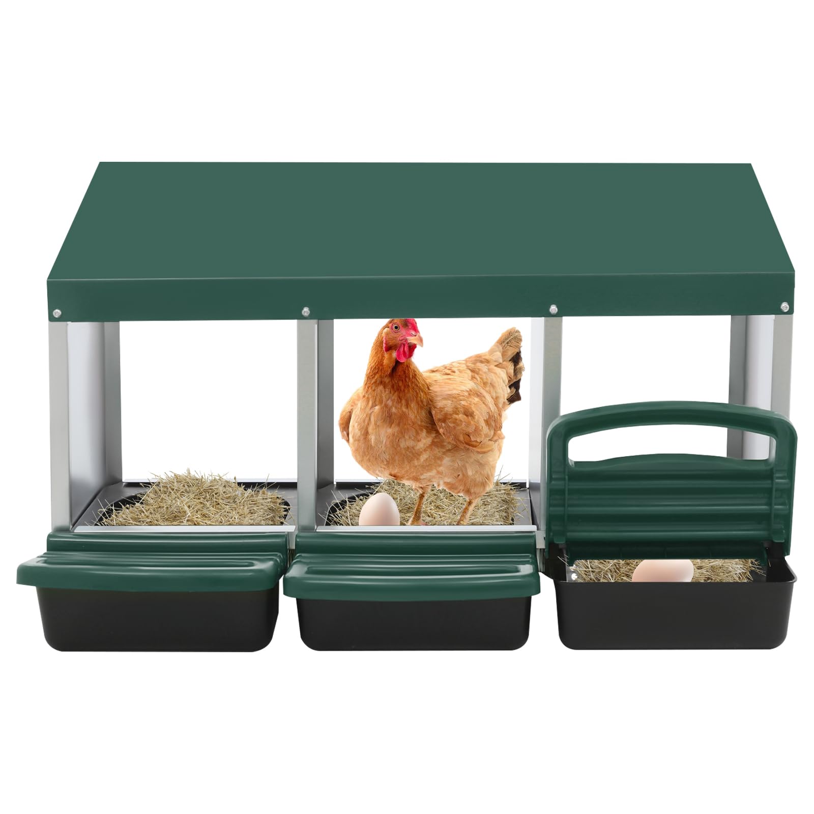 Nido per polli, 3 scomparti, con nido rotolabile per uova, zincato, con protezione per raccogliere le uova, montaggio a parete, 3 posti per stalla, con ventilazione (81 x 52 x 48 cm) (verde)