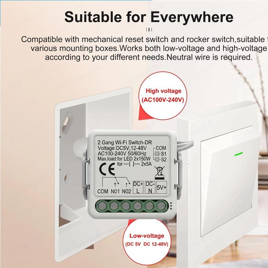 Yueyang Mini interruttore WiFi intelligente a 2 canali, modulo relè, DC 5 V/12-48 V, AC 100-240 V, compatibile con Alexa e Google Home, Tuya App (4)