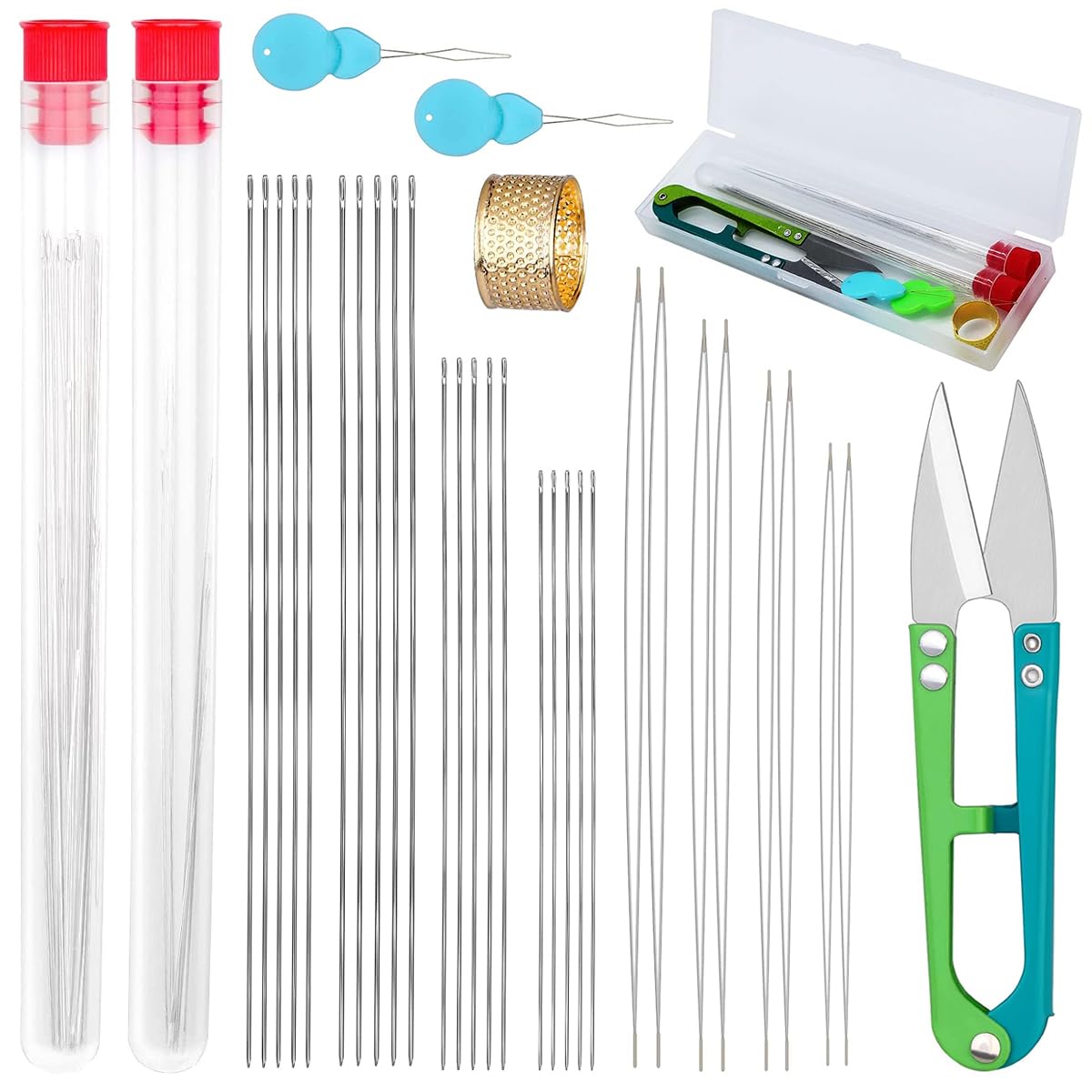 HASTHIP ® Metal 28Pcs Beading Needles Set,20 Pcs Long Straight Beading Thread Needles & 8 Pcs Big Eye Needles with Needle Bottle,Thimble,Needle Threaders for Bracelets & Jewelry Making,Assorted