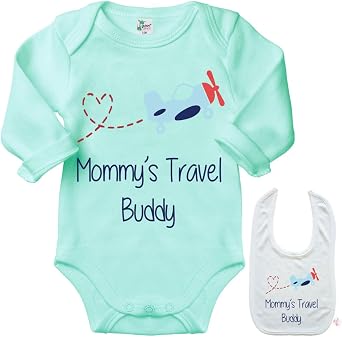 Mommys Travel Buddy -Cute Newborn Baby Bodysuit Shower Gift Outfit Onesie & Bib